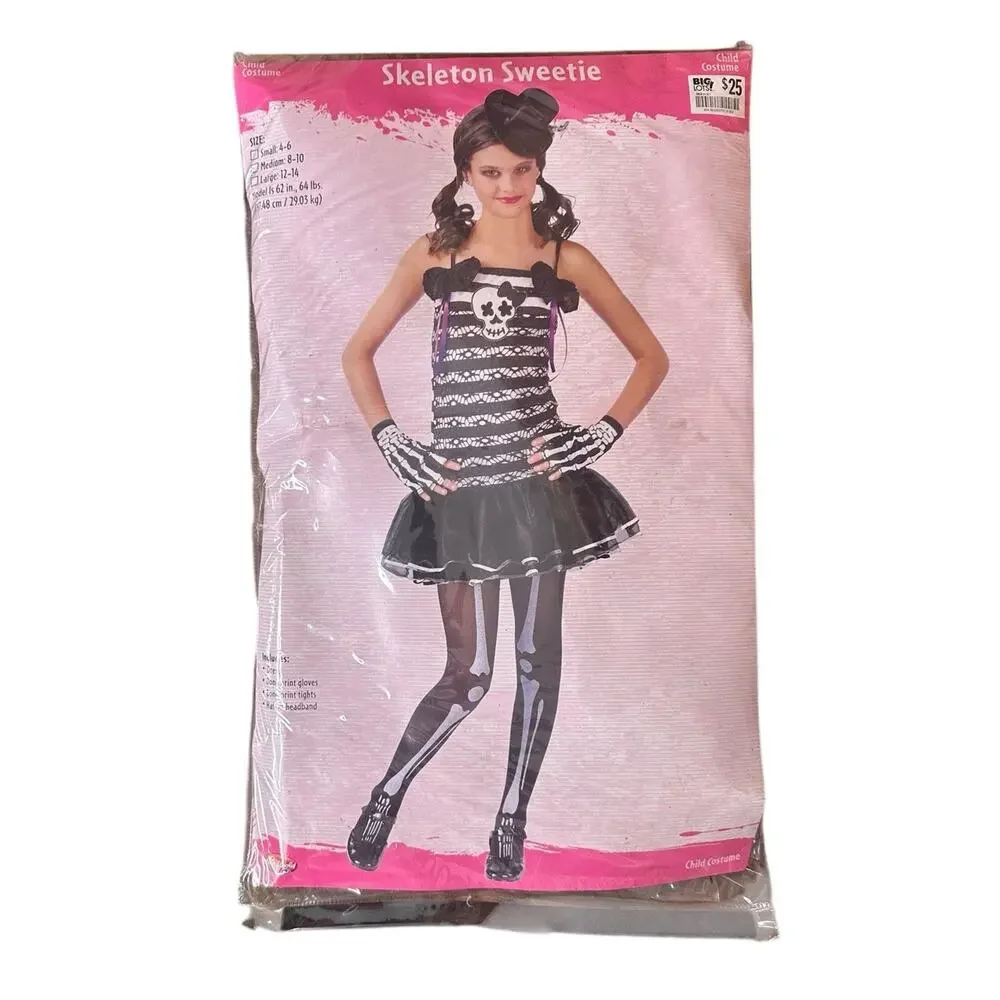 Skeleton Sweetie Girls‎ Halloween Costume Medium 8-10 yrs Black White Skull